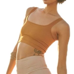 FP Movement Happiness Runs Square Neck Ribbed Cropped Brown Tank Top XS